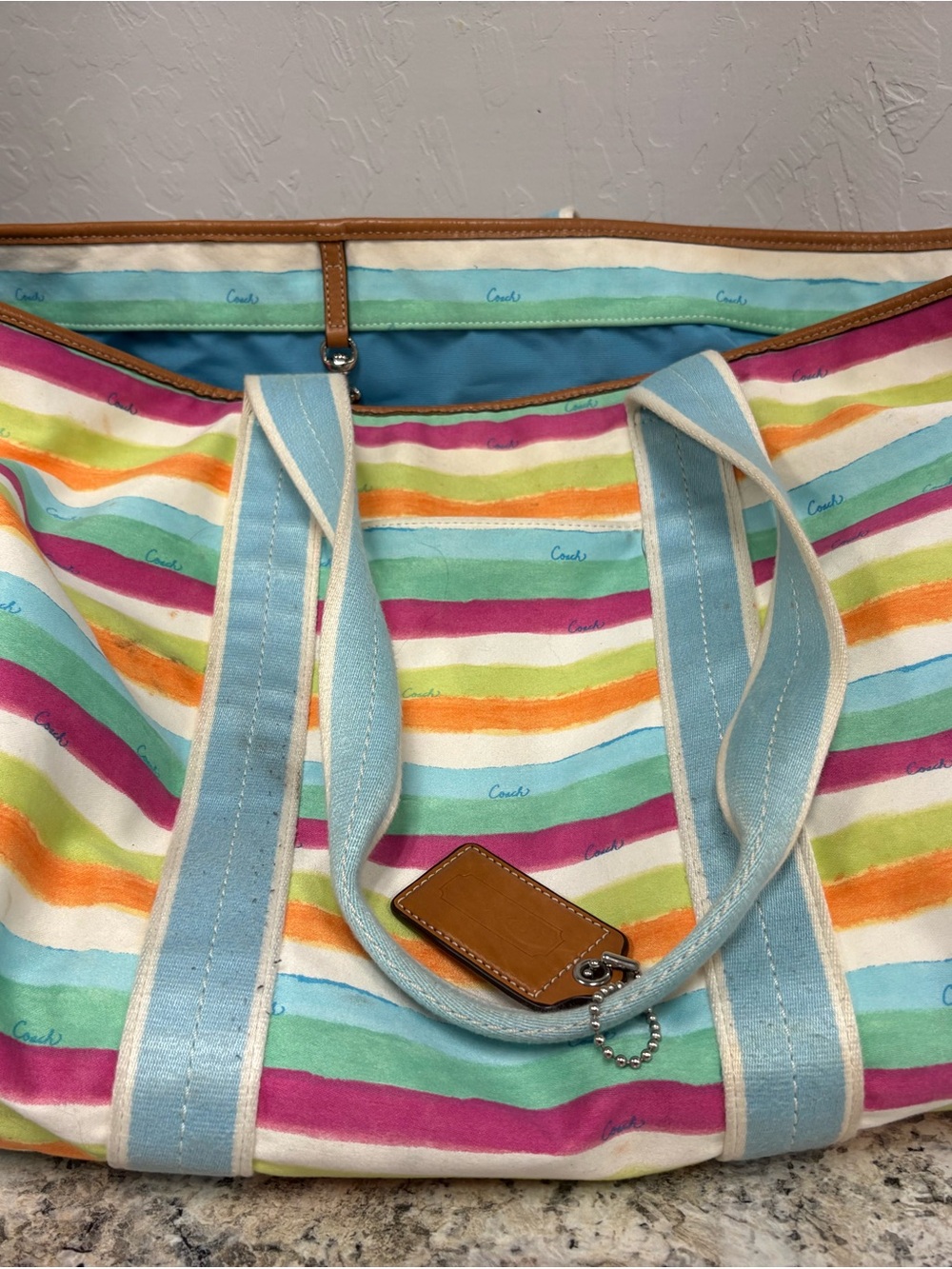 Coach Striped Multicolor Canvas Tote with Light Blue Straps